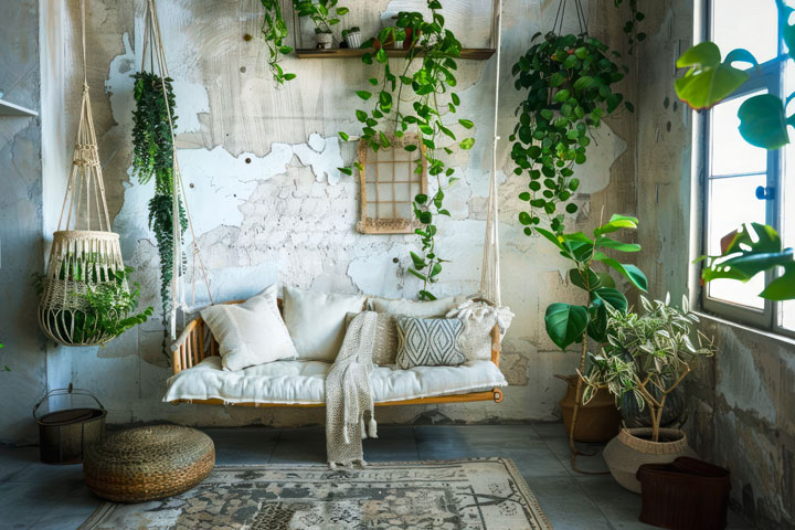 interieur de maison roots blanche avec mur décrépis et plantes