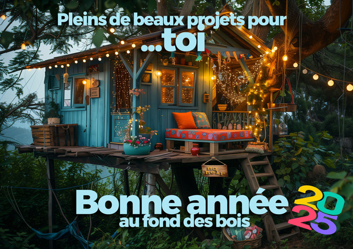 cabane bleu illuminée avec guirlandes